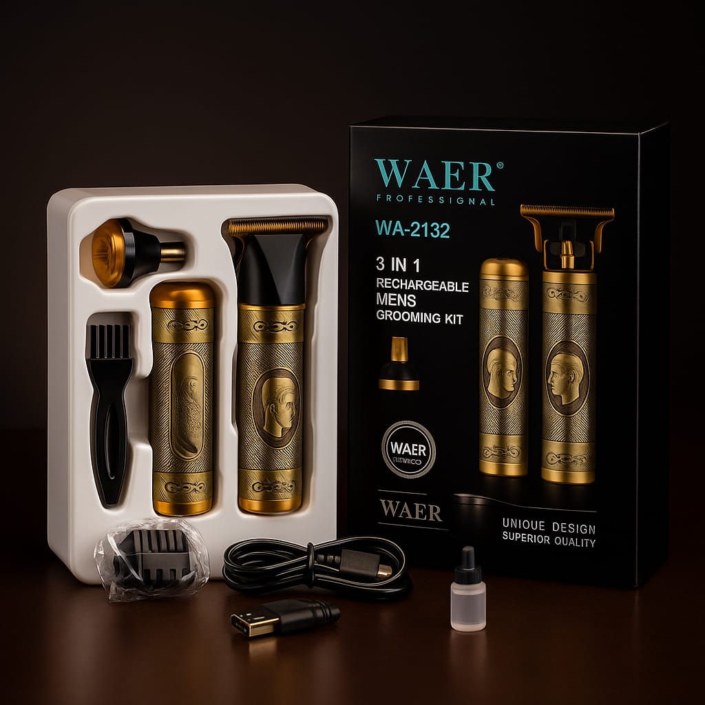 WAER WA-2132: Kit de Afeitado Masculino 3 en 1 Recargable – Precisión y Estilo Profesional